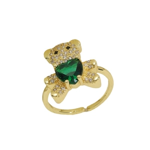 Teddy bear ring with green heart zircon and clear crystals in 14K gold finish
