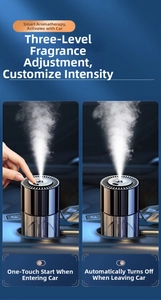 Close-up of smart car air freshener spraying mist with adjustable settings in cup holder