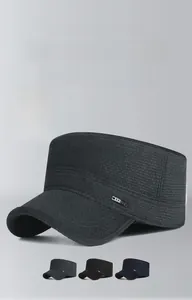 Detail of winter flat top cap with foldable earflaps and warm fleece lining