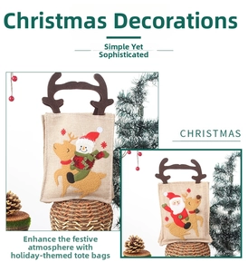 Detail of Christmas gift bag featuring reindeer antler handles and Santa embroidery