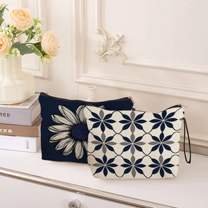 Linen Canvas Makeup Bag Floral Geometric Print Zipper Portable Travel Cosmetic Pouch With Wristlet Strap For Women