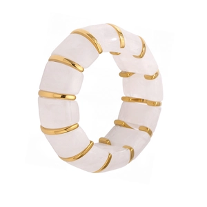Elegant white resin elastic bracelet with marble texture and golden metal spacers