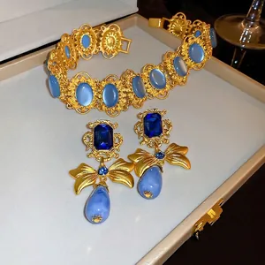 Vintage French Style Earrings And Necklace Blue Rhinestone Bowknot Waterdrop Pendant Jewelry With 925 Sterling Silver Earring Post