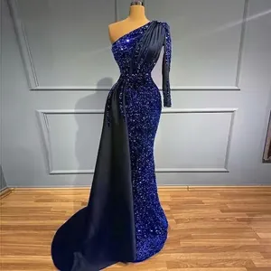 One-shoulder royal blue sequin evening gown with satin train and mermaid silhouette