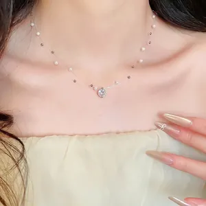 Double-layered zircon pearl floating necklace on transparent line for women