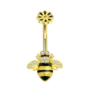 Macro detail of bee belly ring with gold finish, black enamel, and sparkling zircon stones