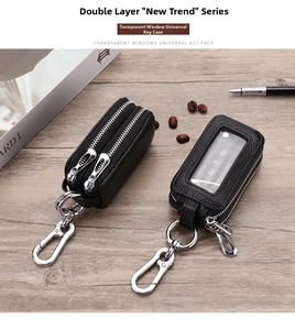Detail of double-layer black leather car key pouch featuring transparent window and dual zippers