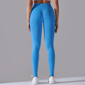 Close-up of sky blue high waisted yoga pants with seamless ribbed texture and booty lifting