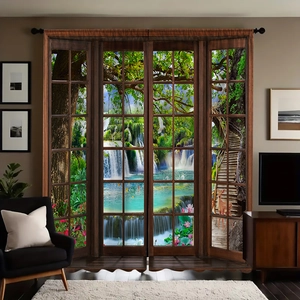 Detail of 3D forest waterfall pattern on polyester curtains with dark wood window frame effect