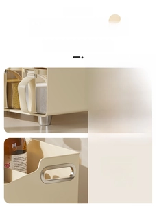 Detail view of cream spice rack showing metal side handles and non-slip elevated feet