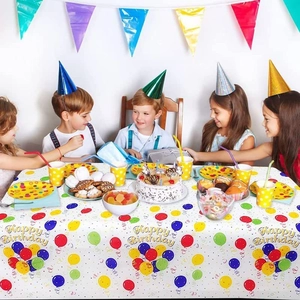 White disposable PE tablecloth with colorful balloons and Happy Birthday print for parties