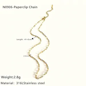 Macro view of 316L stainless steel gold paperclip chain necklace with 18K plating