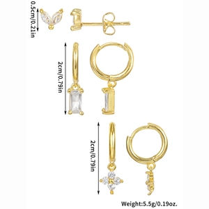 Detailed size specifications for a gold 3-pair earring set with cubic zirconia stones