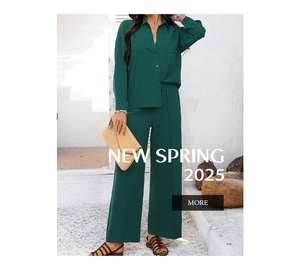 Detail of dark green two-piece set featuring textured button-down shirt and wide-leg pants