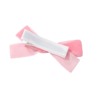 Pink velvet bow hair clip with fabric-wrapped alligator clip for girls and toddlers