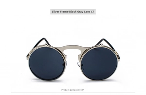 Detail of silver steampunk flip-up sunglasses with round grey lenses and cutout nose bridge