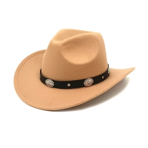 Vintage Western Cowboy Hat For Men Women Wide Brim Felt Fedora Hat With Faux Leather Belt Metal Flower Conchos