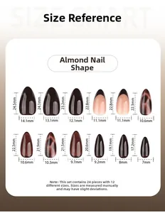 Detailed size chart for almond shape press-on nails with lengths and widths in millimeters