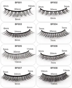 Size chart showing fiber eyelash lengths for styles BF001 to BF008 with measurements