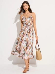 Robe Maxi À Imprimé Marbre Pour Femmes Col V Mousseline Sans Manches Taille Haute À Nouer Ourlet À Volants Vacances