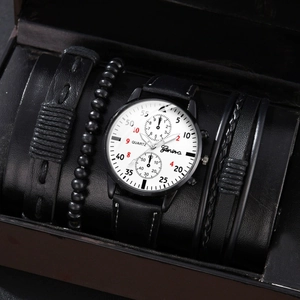 Herrenuhr und Armband Set schwarze Quarzuhr mehrschichtige Lederarmbänder Geschenk