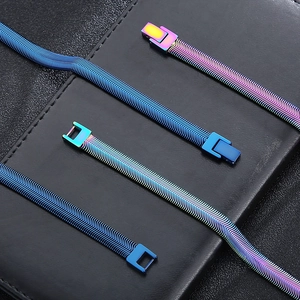 Detail of rainbow gradient flat snake chain in blue and purple stainless steel mesh