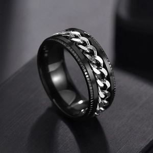Macro shot of men's rotatable stainless steel chain ring with black matte finish and knurling