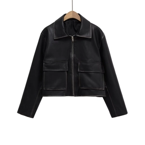 Women's black oversized faux leather biker jacket with lapel collar and chest pockets