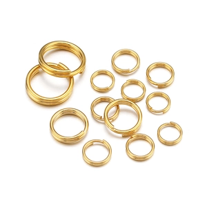 Close-up of assorted sizes of 18k gold plated stainless steel double jump rings