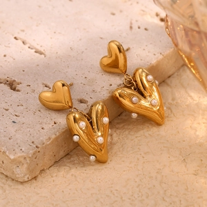 French style 18K gold plated heart earrings with pearls on a natural stone base