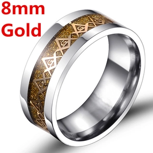 8mm Masonic stainless steel men's ring with gold compass and square inlay