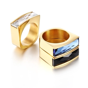 Three-piece set of gold stainless steel rings with square glass gemstones in multiple colors