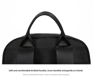 Détail de la poignée et des bretelles de sac à dos noir, conception robuste pour un usage quotidien.