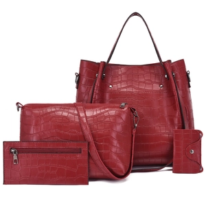 Red crocodile texture 4-piece handbag set with tote, crossbody bag, clutch and card holder