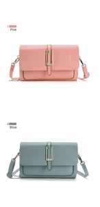 Detail showing pink and blue crossbody bags with woven texture and silver metal buckle