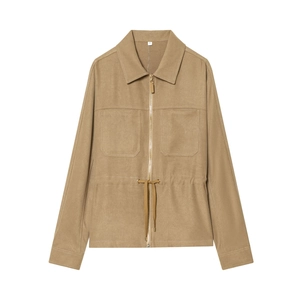 Khaki drawstring zipper jacket and casual pants set with utility pockets for women