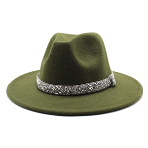 Detailed view of dark green wool fedora hat with sparkling silver rhinestone band decor