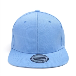Close-up of sky blue snapback cap with six-panel structure and embroidered eyelets
