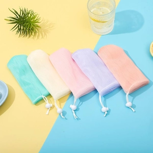 Five-pack of 6-layer thickened mesh soap foaming bags with colorful drawstring and cord locks