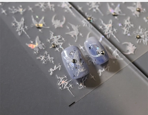 Detail of galaxy 5D embossed nail stickers with silver butterfly and star patterns