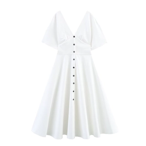 Elegant white V-neck short sleeve A-line midi dress with single-breasted buttons