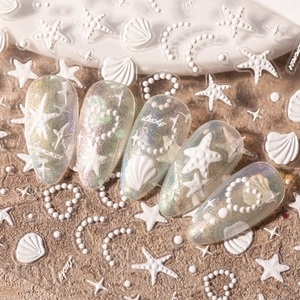 5D Embossed Relief Nail Art Stickers Summer Sea Star Shell Artificial Pearl Heart Designs For Manicure Decorations Gradient White