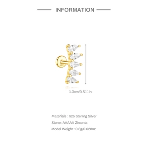 Detail view of gold 925 sterling silver ear stud with five sparkling teardrop zirconias