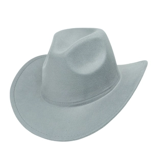Detail view of light grey felt cowboy hat with pinch front crown and stitched brim