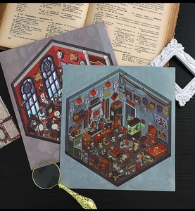 Detail view of isometric mystery cabin stickers with vintage gothic and oriental themes
