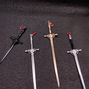Sword Shape Hairpin Alloy Vintage Chinese Style Hair Stick With Red Rhinestone Drop Tassel Gothic Hanfu Hair Accessory