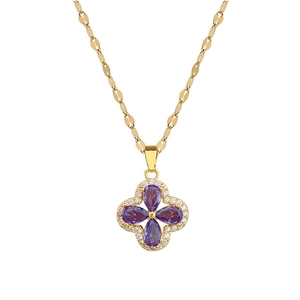 Titanium steel necklace with purple amethyst clover pendant and pavé zircon stones