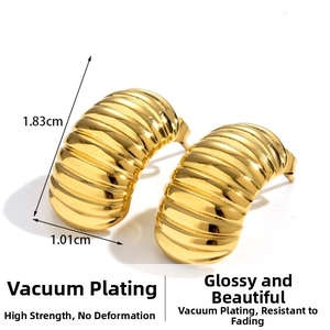 Detailed view of gold plated ribbed C-shape earrings with precise size measurements