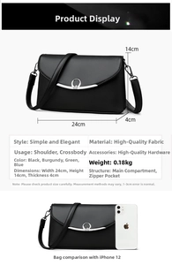Detailed view of black litchi pattern leather shoulder bag with size 24x14x4cm
