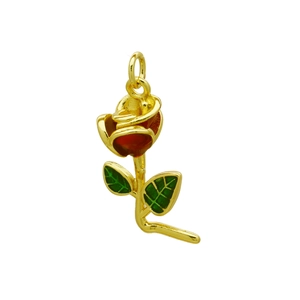 Detailed view of a gold rose pendant with vibrant red and green enamel coating